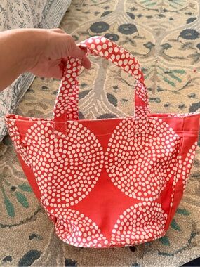 See Design Orange Polka Dot Canvas Tote Bag with Round base. Approx 15”x12”10”